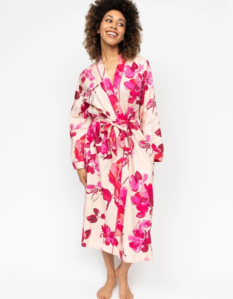 Aria Peach Floral Print L/slv Long Dressing Gown