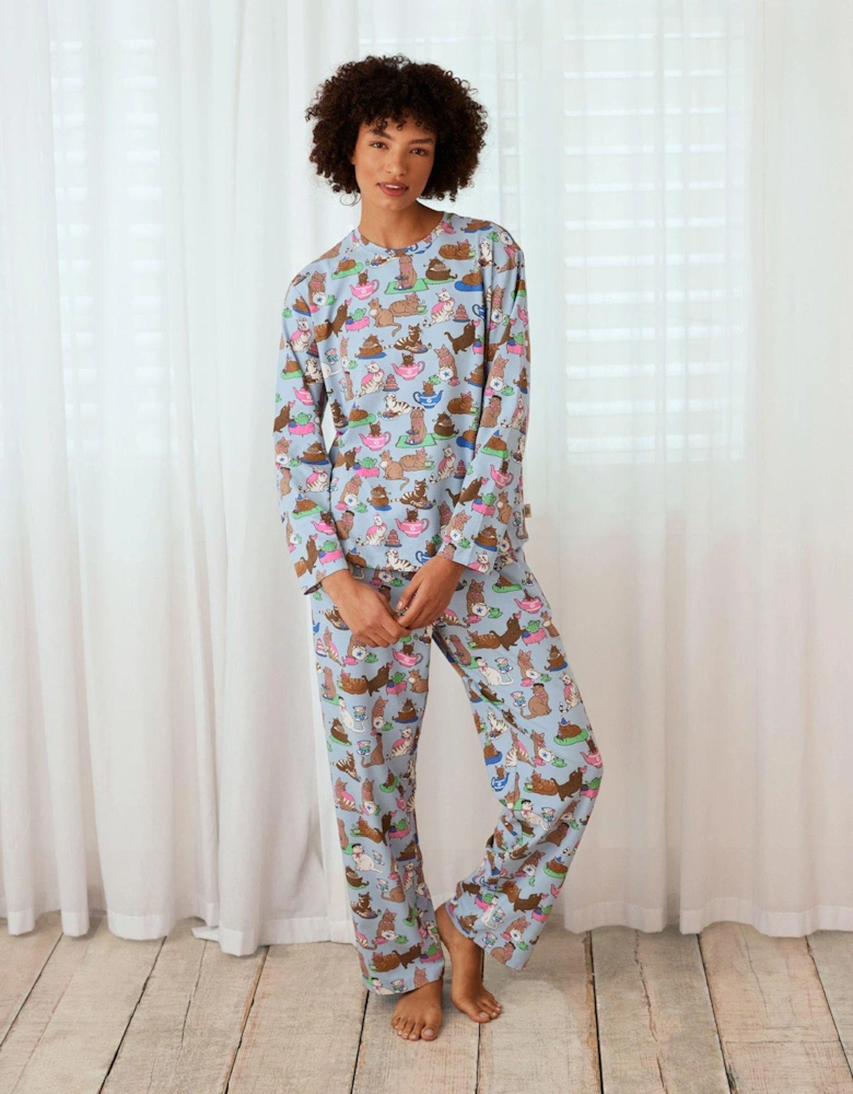 Tea Party Cats Printed Long Pyjama Set - Blue