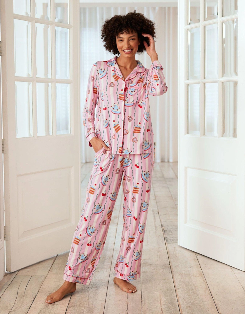 Stripe Cake Print Long Pyjama Set - Pink