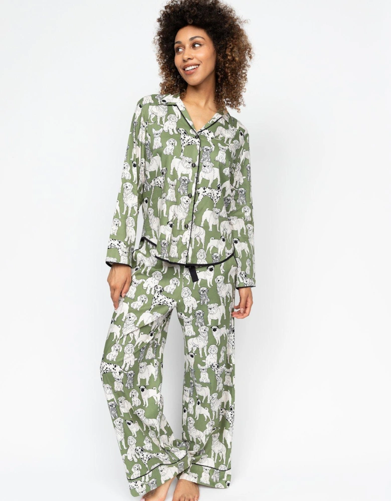 Nancy Sage Green Dog Print L/slv Pyjama Set