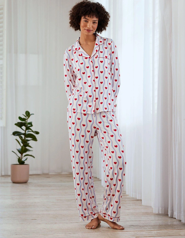 Heart Wave Stripe Button Up Long Pyjama Set - White