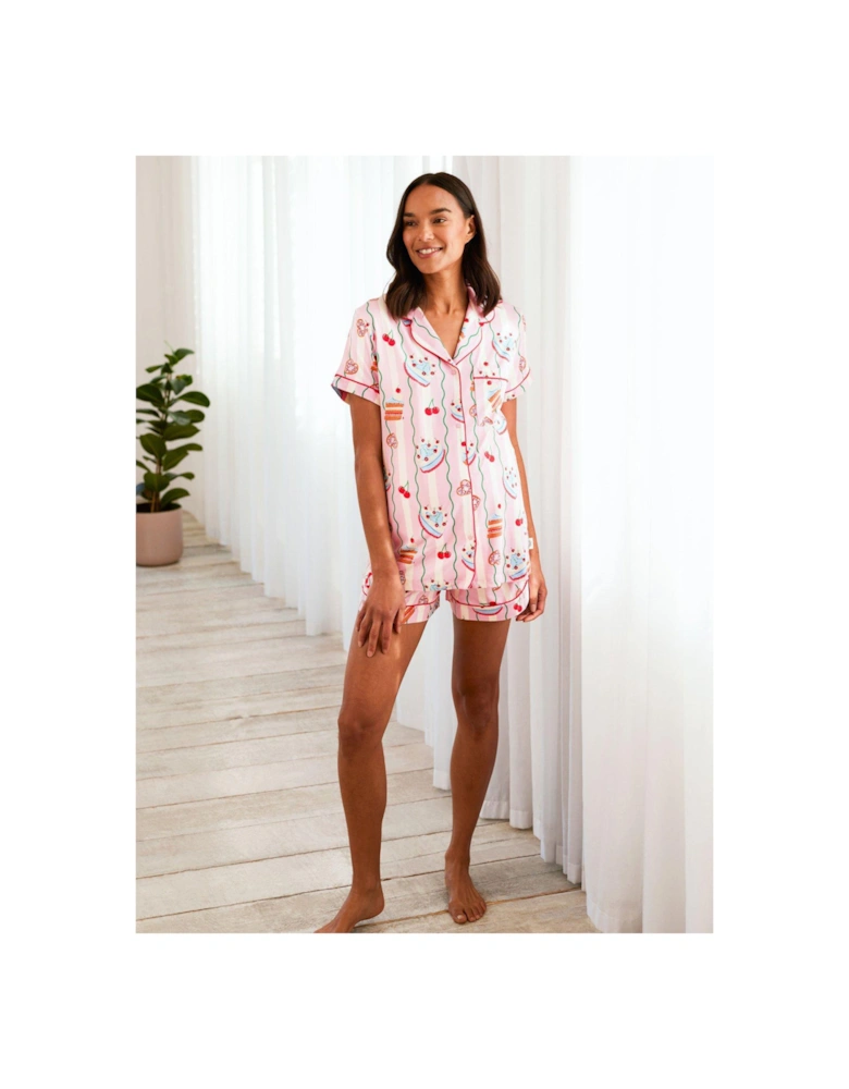 Maternity Short Pyjama Set In Stripe Cake Print - Pink