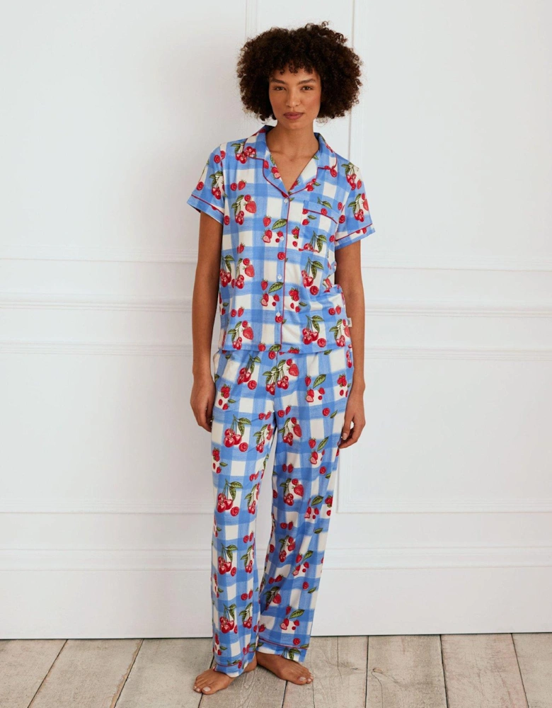 Long Button Up Set In Recyled Polyester - Blue Gingham