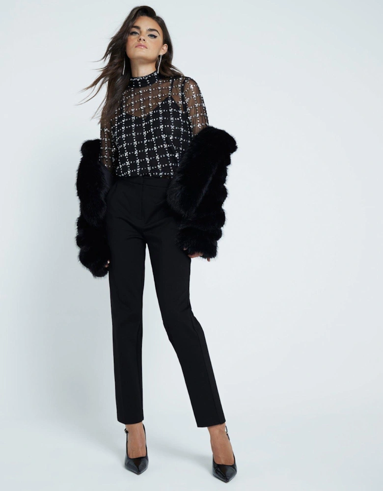 Floral Sequin Mesh Top - Black