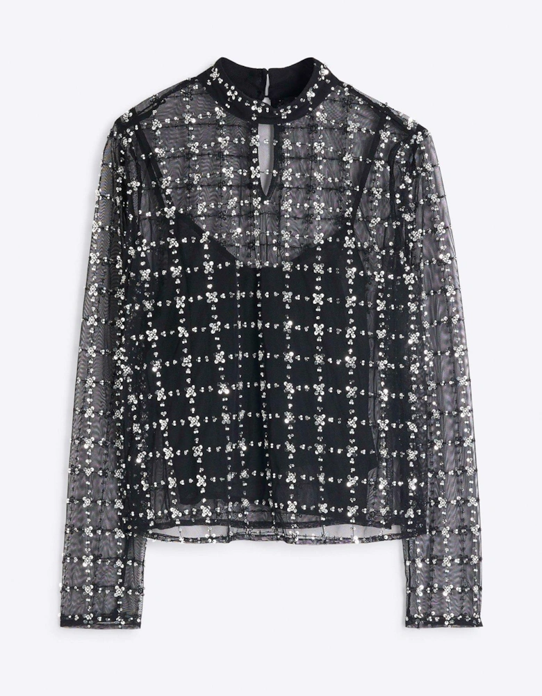 Floral Sequin Mesh Top - Black