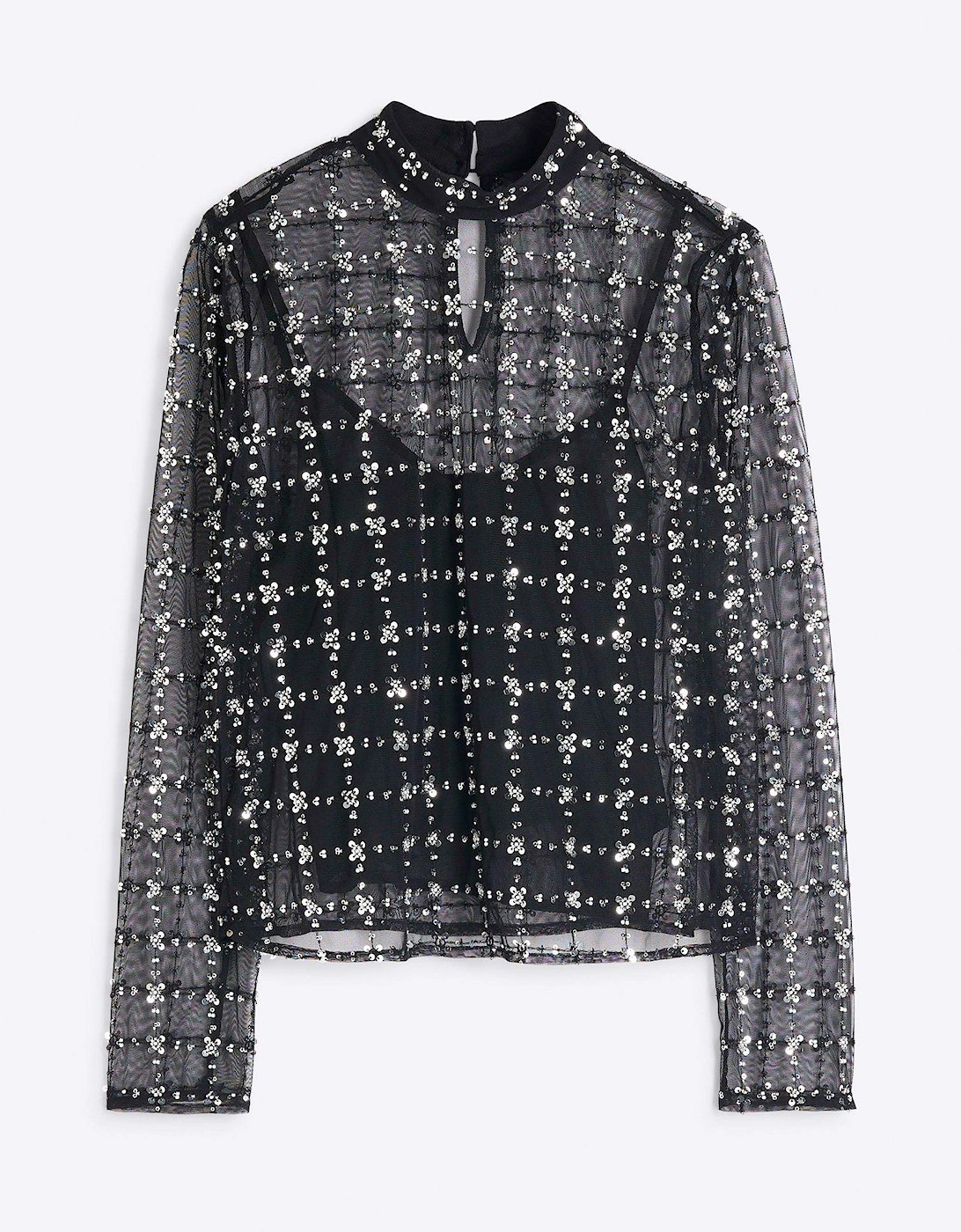 Floral Sequin Mesh Top - Black