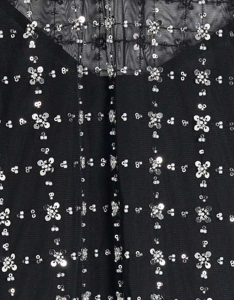 Floral Sequin Mesh Top - Black