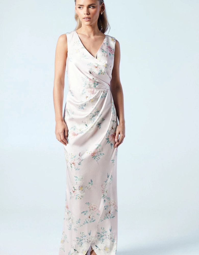 Petite Spring Posy Printed Satin Ruche Waist Bridesmaids Dress