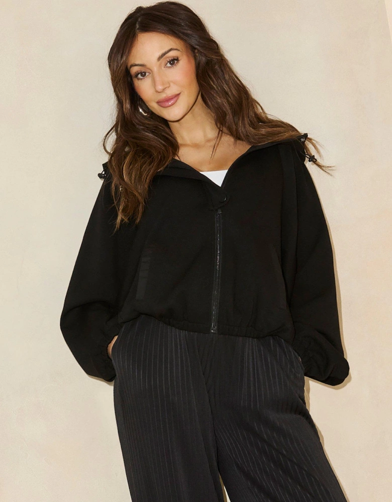 Drawstring Waist Cropped Jacket - Black