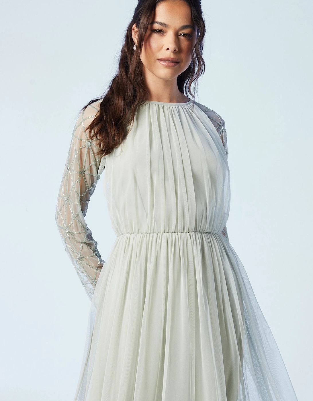 Sheer Embellished Sleeve Mesh Bridesmaids Maxi Dress