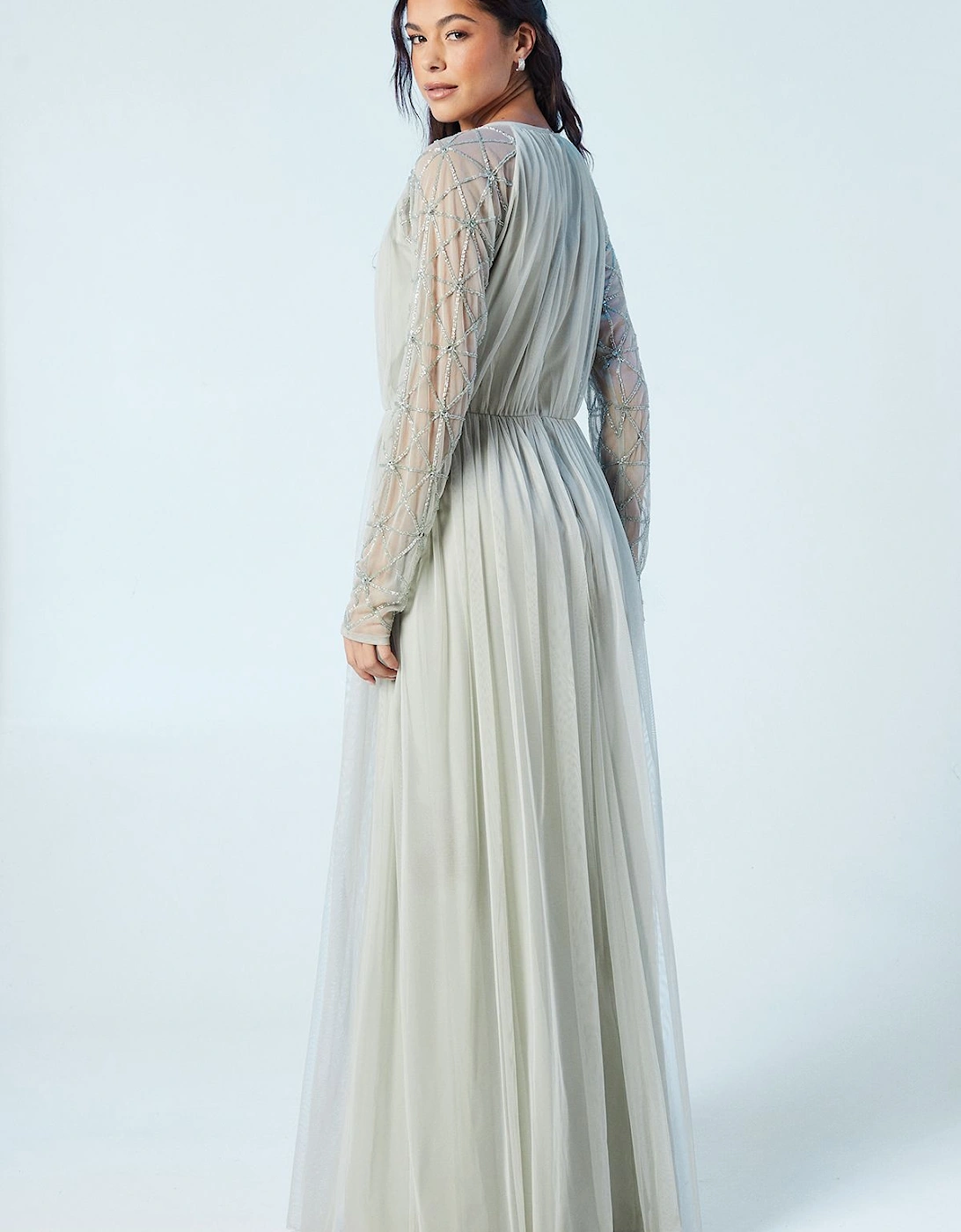 Sheer Embellished Sleeve Mesh Bridesmaids Maxi Dress