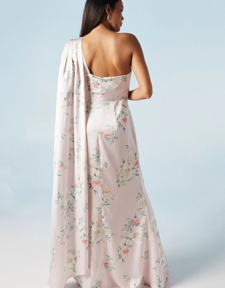 Spring Posy Printed Satin Drape Shoulder Bridesmaids Dress