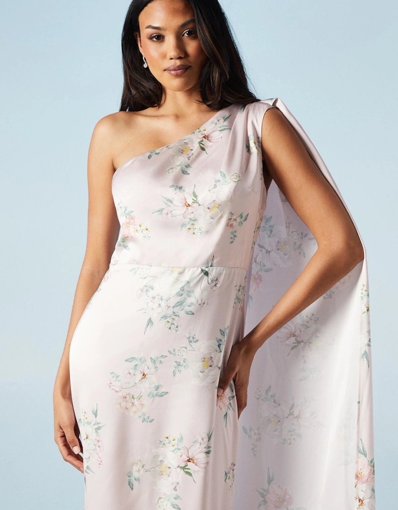 Spring Posy Printed Satin Drape Shoulder Bridesmaids Dress