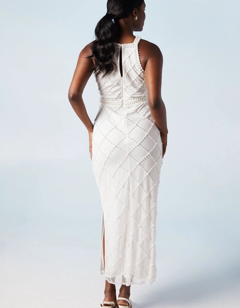 Geometric Halterneck Pearl Column Midi Bridal Dress