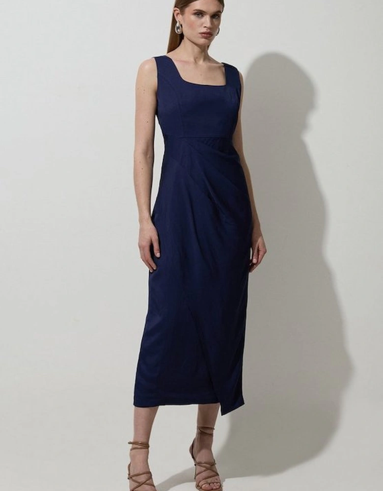 Tailored Viscose Linen Strappy Pleat Detail Midi Dress