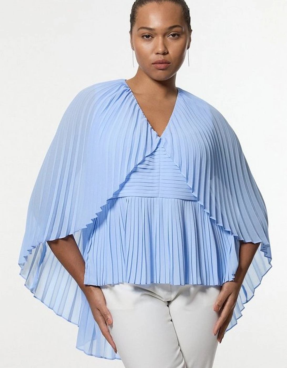 Plus Size Pleated Cape Sleeve Plunge Neck Top, 5 of 4