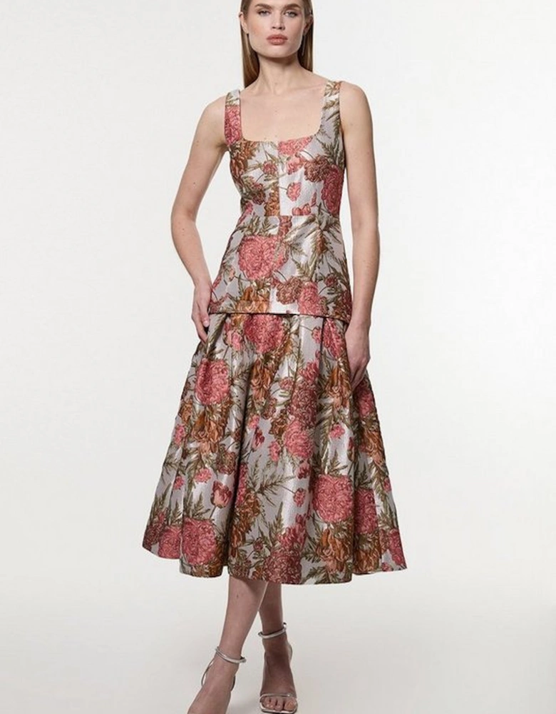 Floral Jacquard Strappy Full Skirted Tailored Maxi Dress