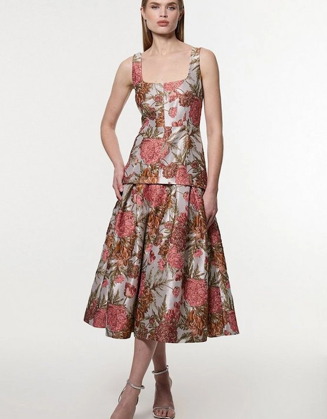 Floral Jacquard Strappy Full Skirted Tailored Maxi Dress, 5 of 4