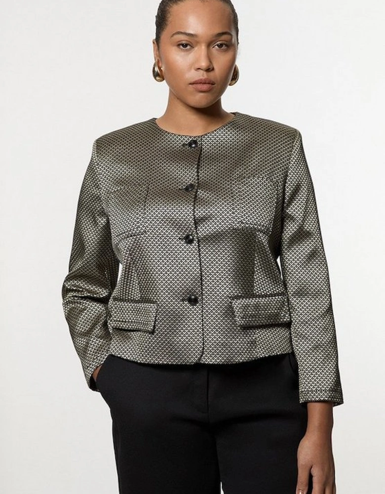 Plus Size Geometric Jacquard Tailored Jacket