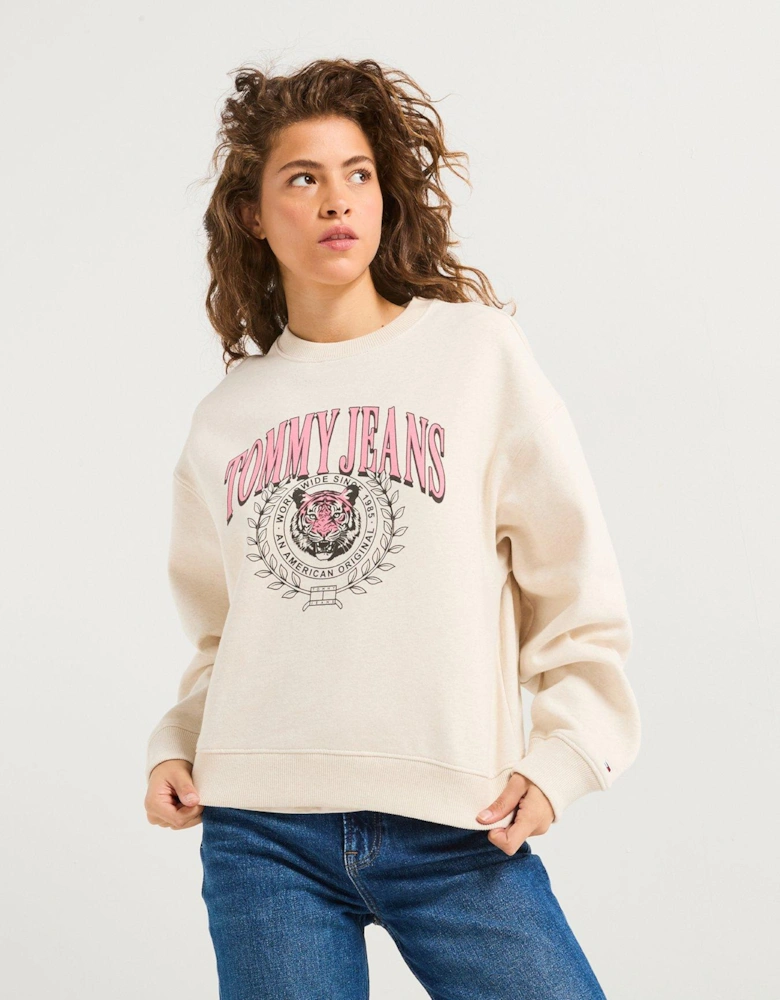 Tiger Varsity Crew Neck Sweatshirt - Cream