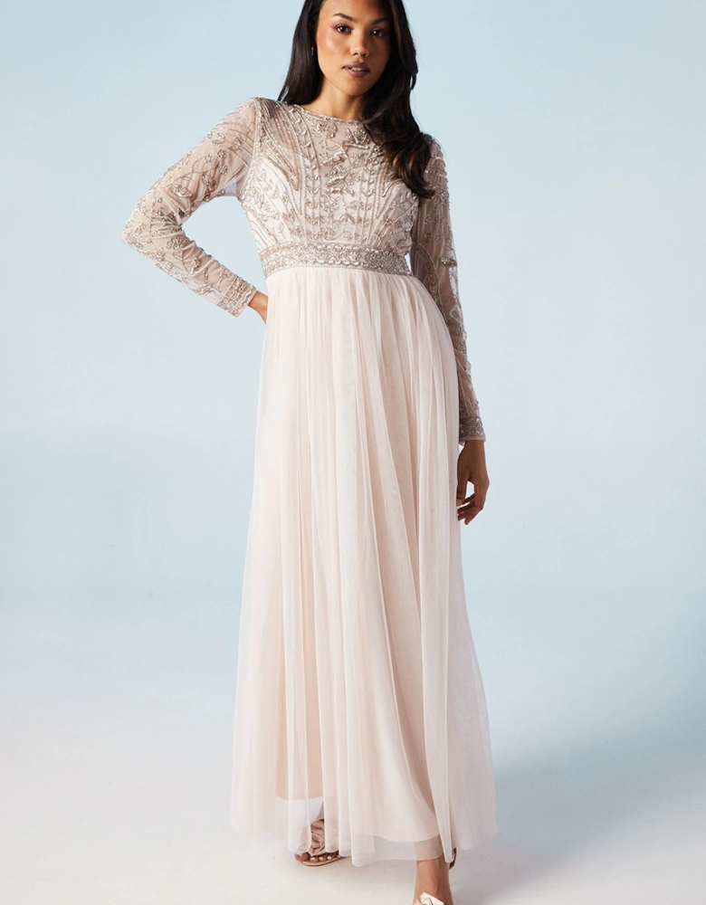 Placement Embellished Long Sleeve Tulle Skirt Bridesmaids Dress