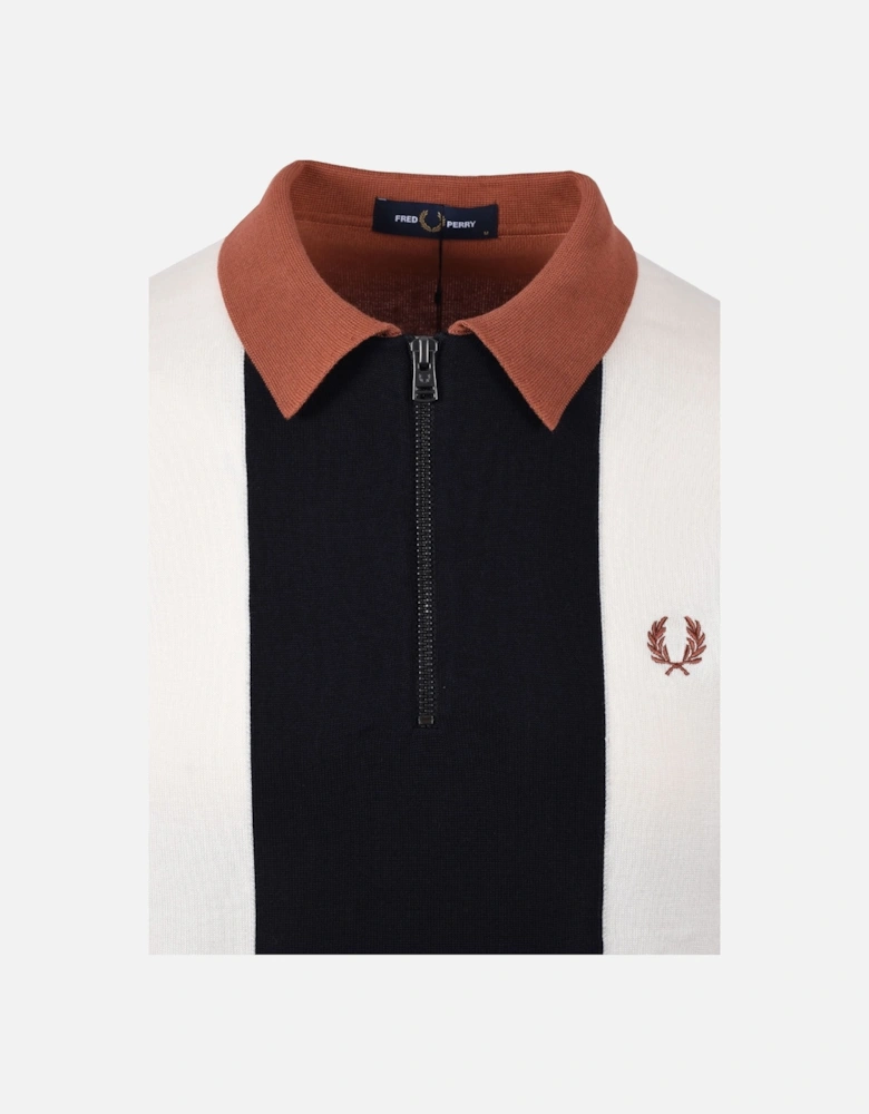 Vertical Stripe Zip Neck Polo Cinnamon/Navy/Ecru