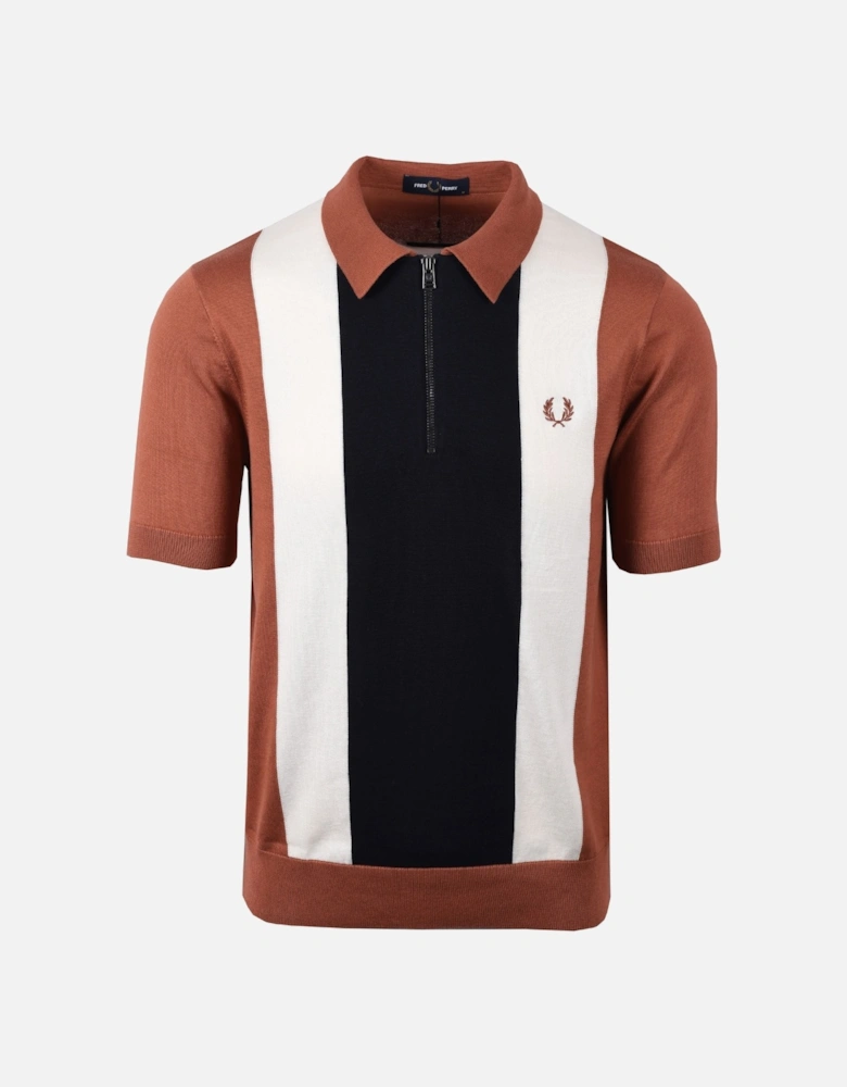 Vertical Stripe Zip Neck Polo Cinnamon/Navy/Ecru