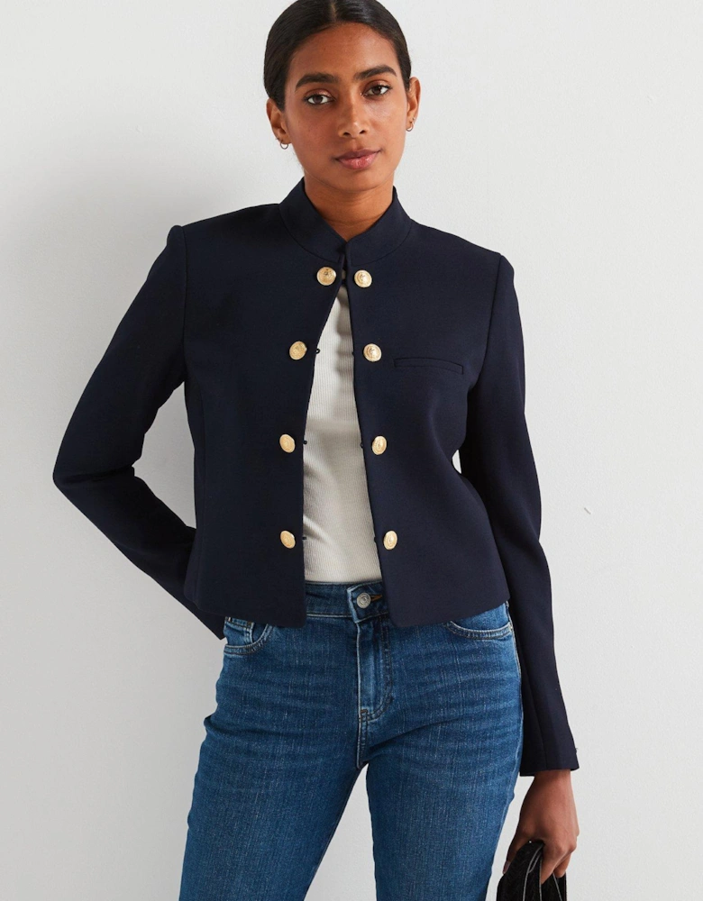 Gold Button Cropped Blazer - Navy