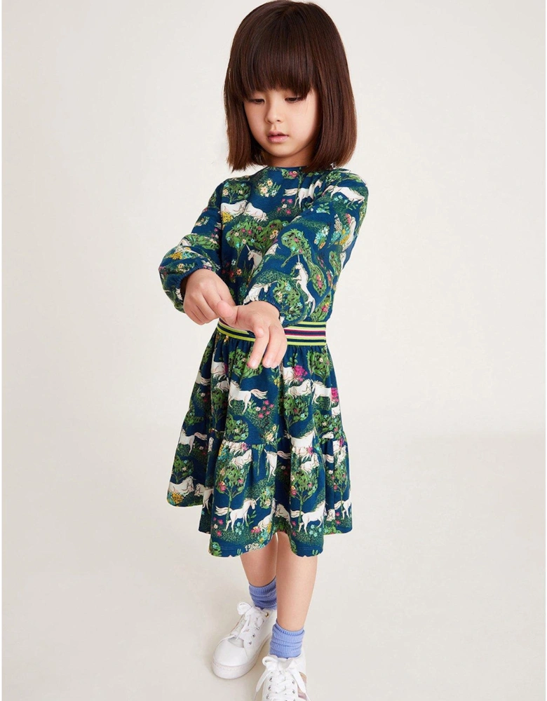 Girls Long Sleeve Unicorn Jersey Dress - Navy