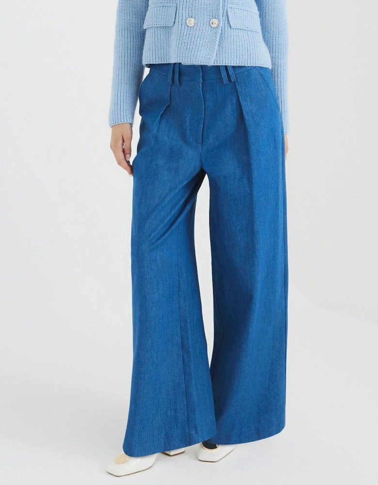 High Waisted Wide Leg Trousers - Blue