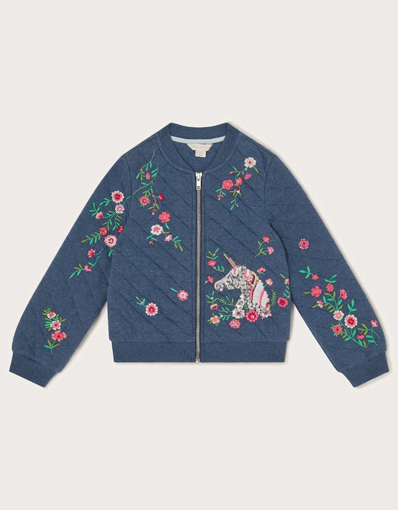 Girls Unicorn Floral Quilted Bomber Jacket - Blue