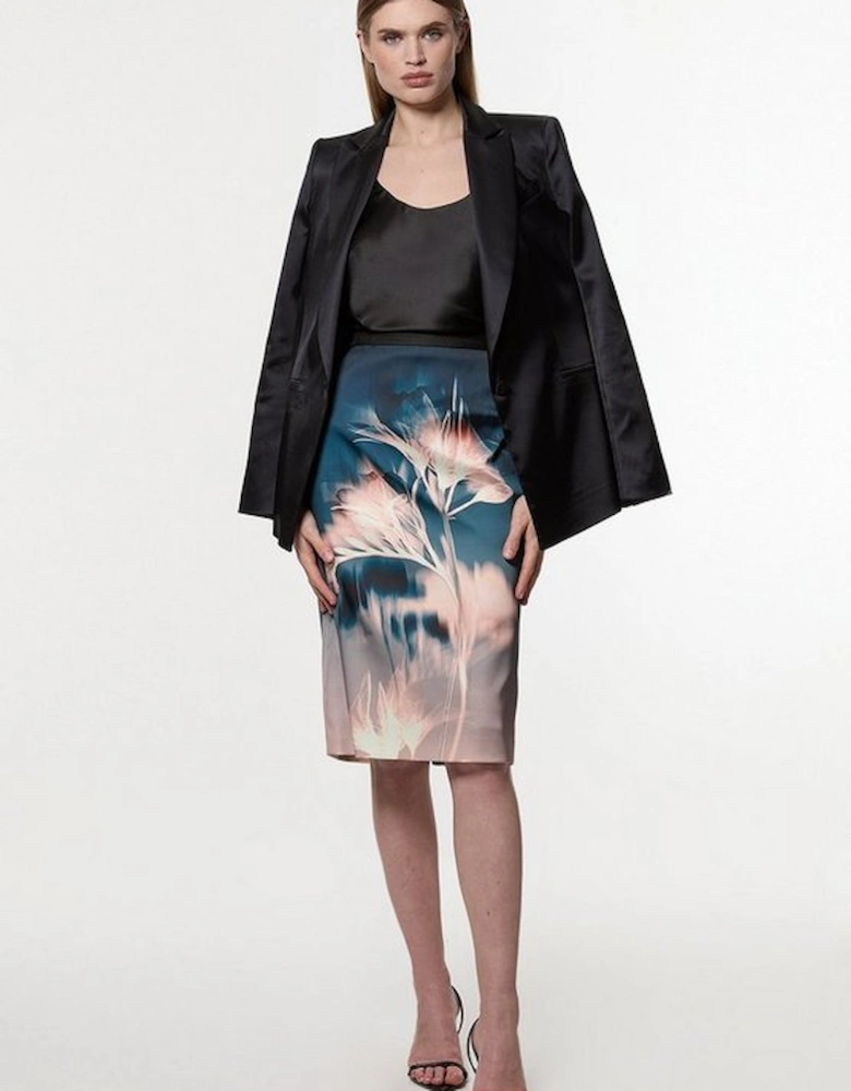 Abstract Ombre Floral Italian Structured Satin Tailored Midi Skirt