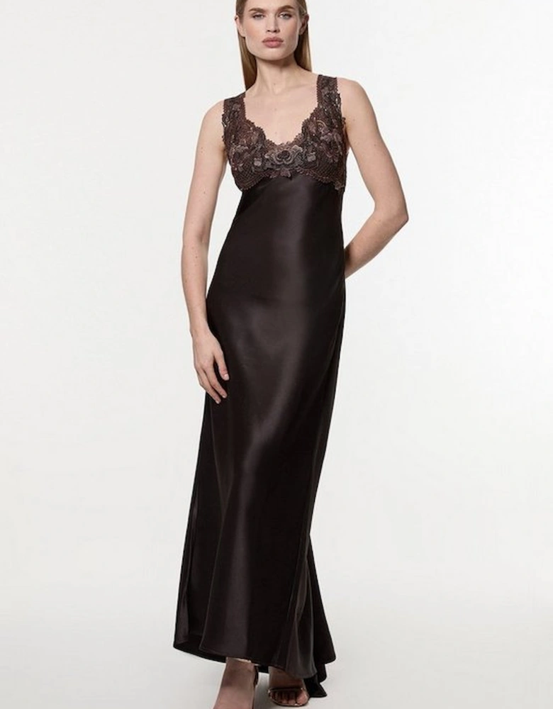 Satin Guipure Lace Woven Maxi Slip Dress