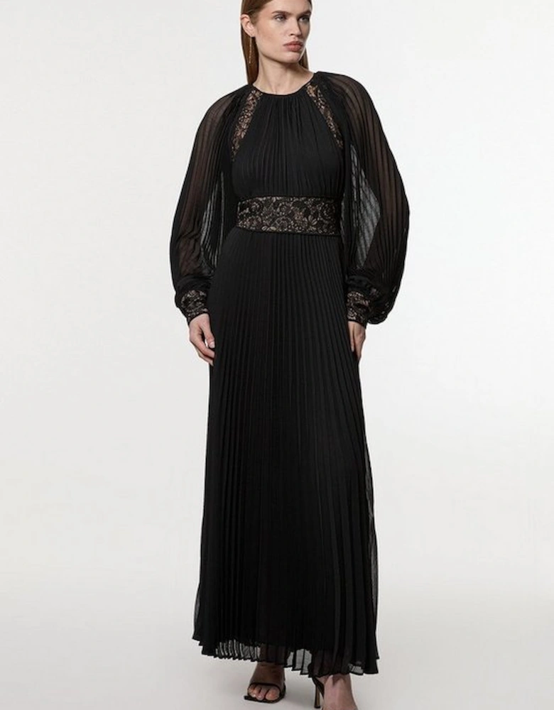 Viscose Georgette Pleated Lace Panel Woven Maxi Dress