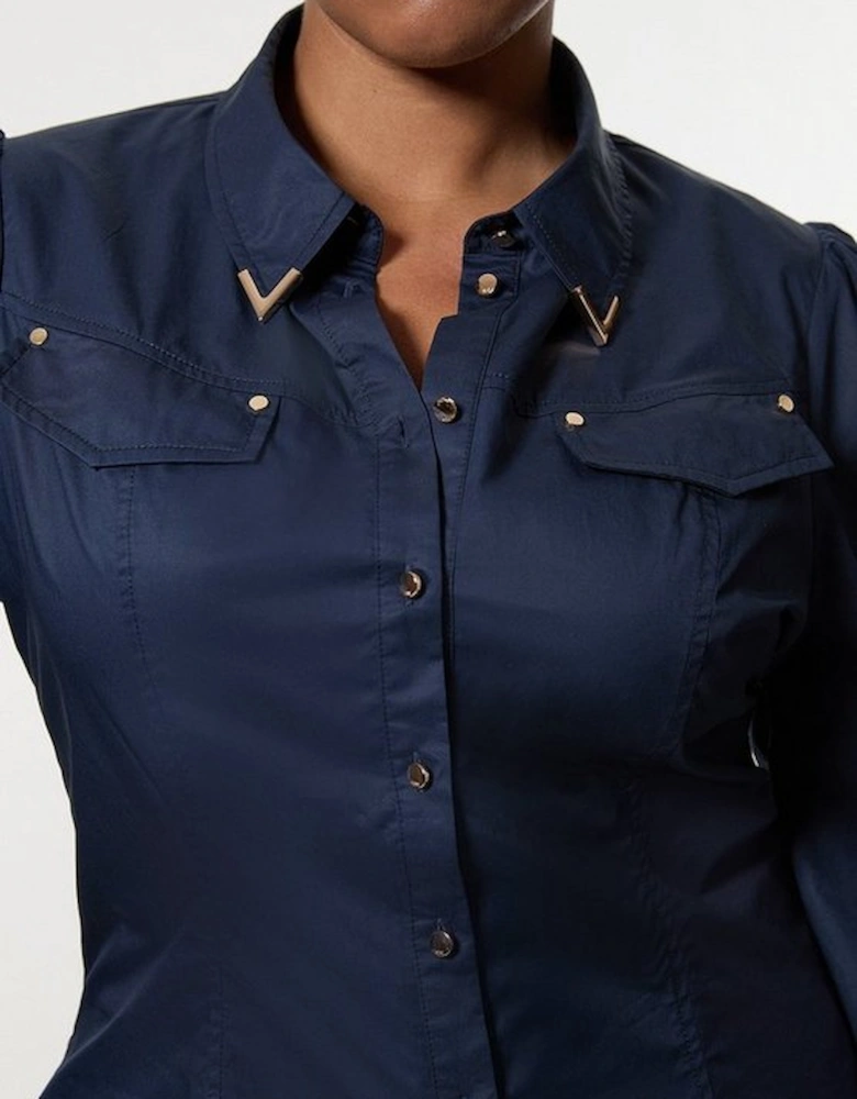 Plus Size Cotton Sateen Collar Detail Woven Shirt