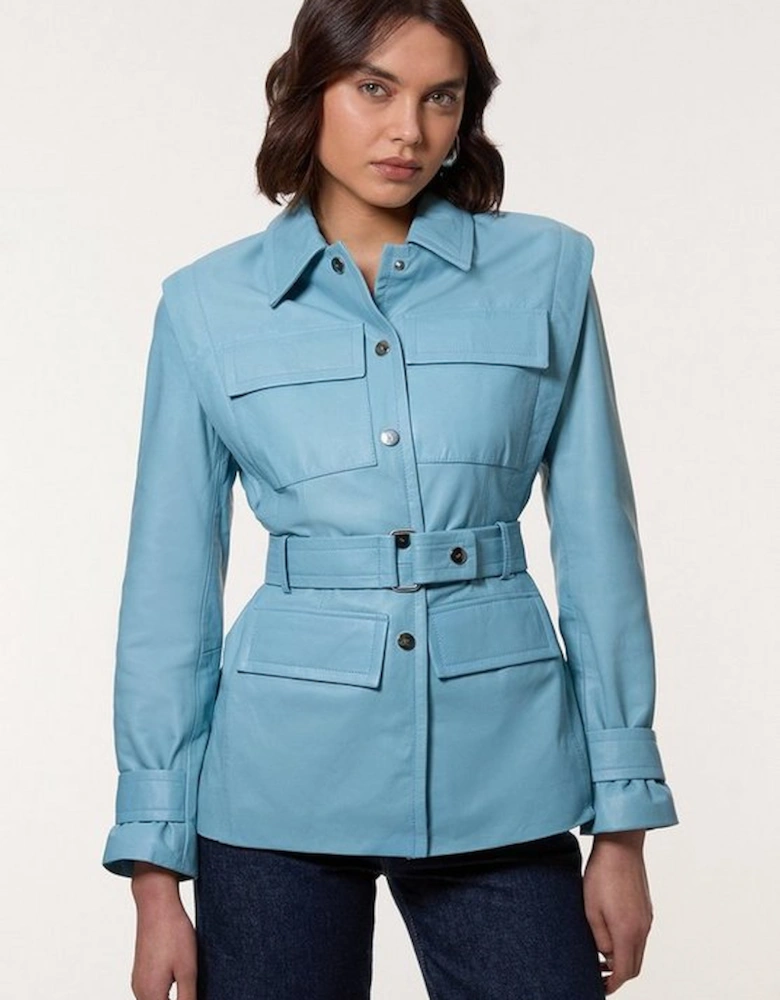 Leather Belted Shoulder Detail Tailored Jacket