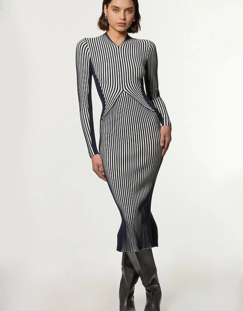 Stripe Fitted Long Sleeve Knitted Midi Dress