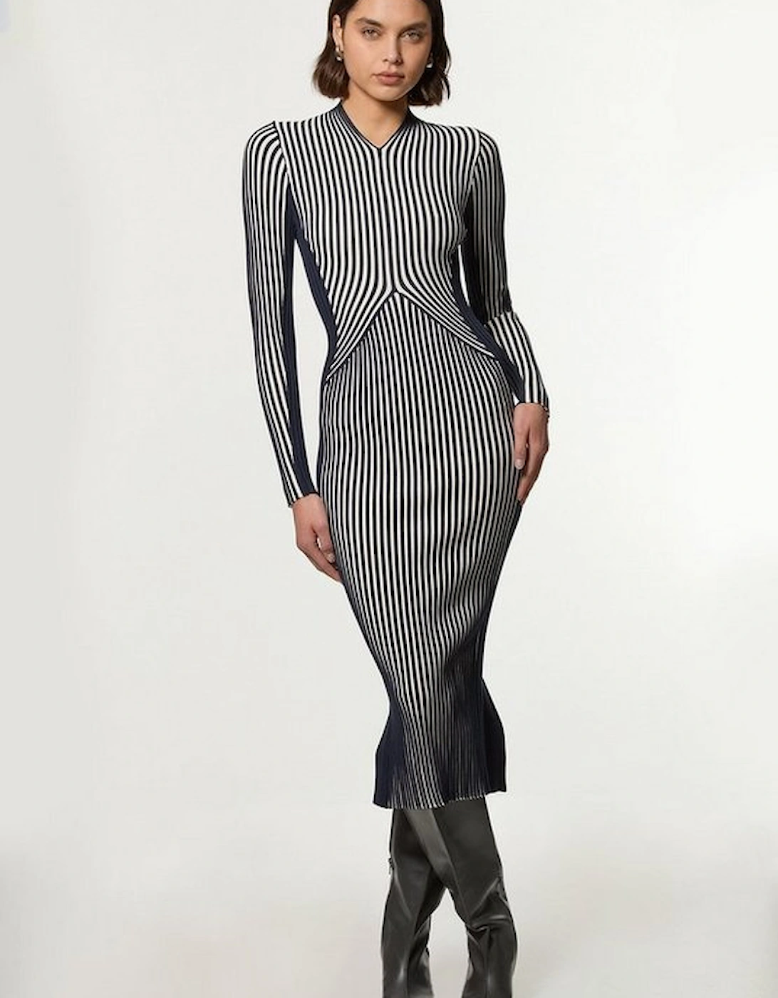 Stripe Fitted Long Sleeve Knitted Midi Dress, 5 of 4