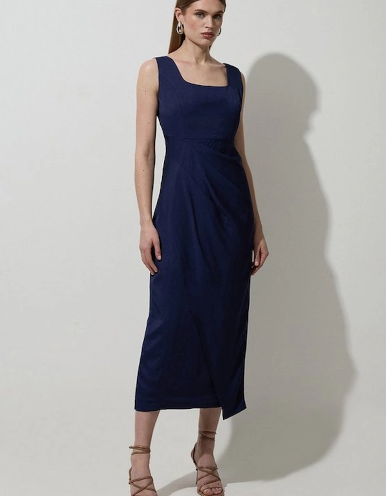 Petite Tailored Viscose Linen Strappy Pleat Detail Midaxi Dress