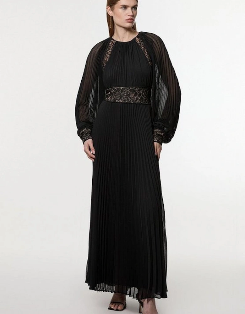 Petite Viscose Georgette Pleated Lace Panel Woven Maxi Dress