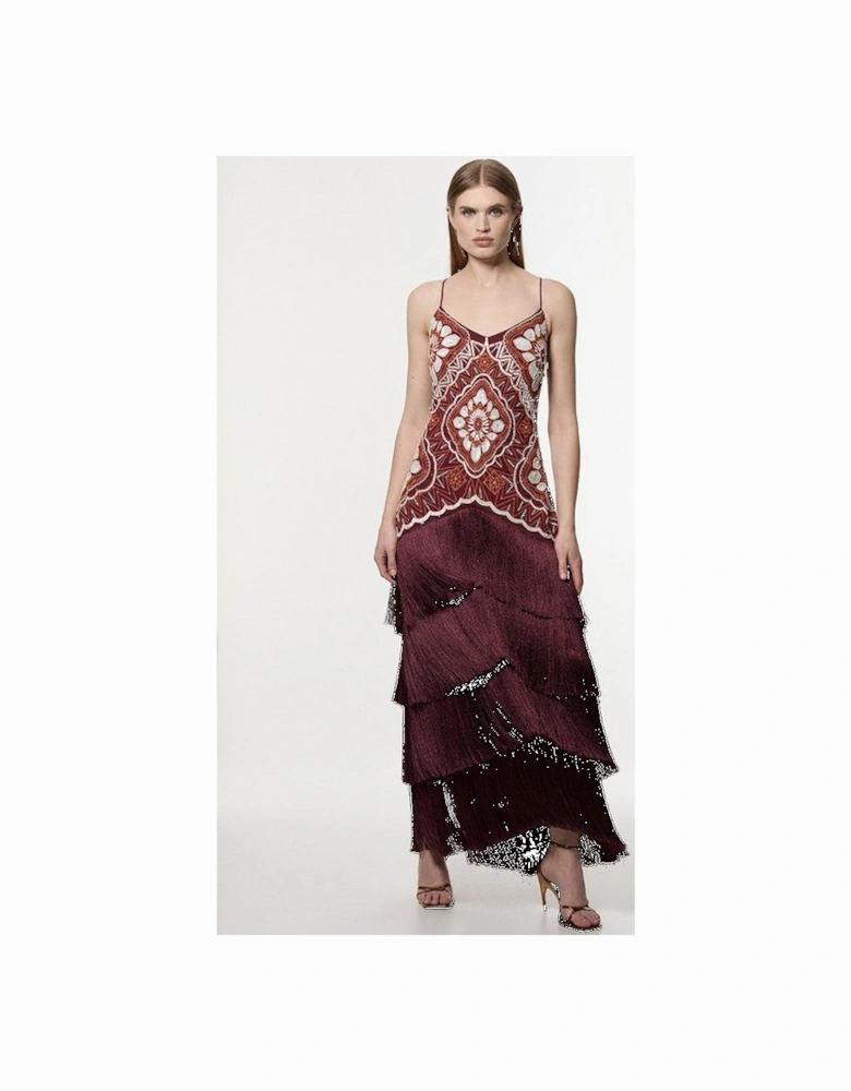 Embellished Fringe Strappy Woven Maxi Dress