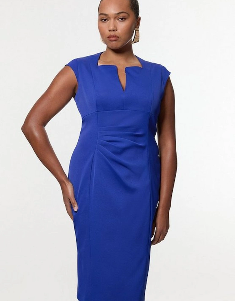 Plus Size Italian Structured Rib Tailored Envelope Neck Pencil Midi Dress