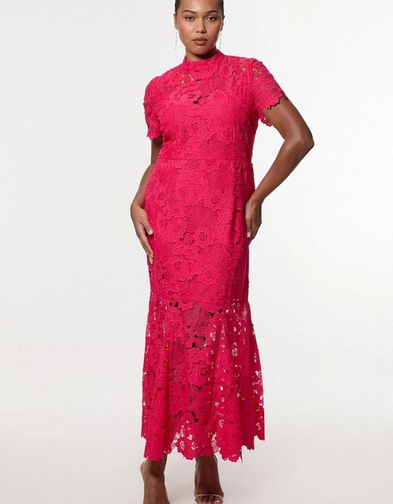 Plus Size Guipure Lace High Neck Woven Midi Dress