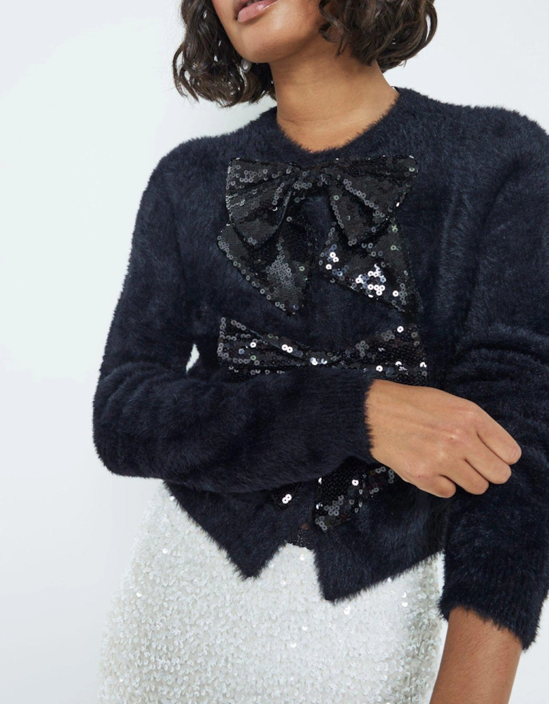 Sequin Bow Fluff Cardigan - Black