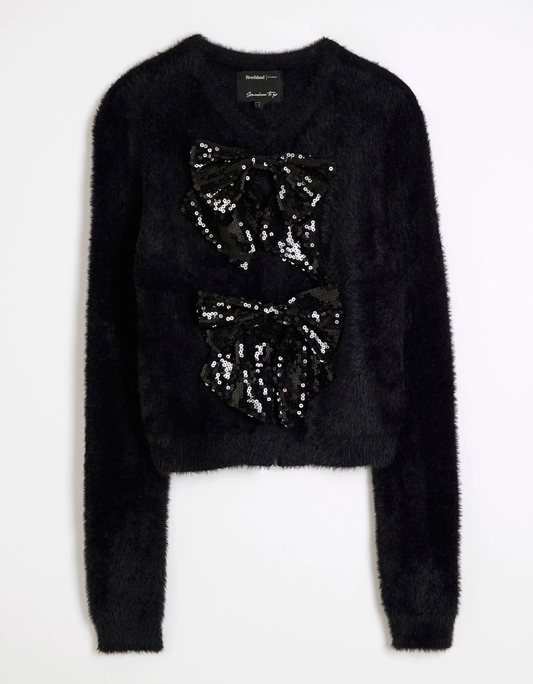 Sequin Bow Fluff Cardigan - Black