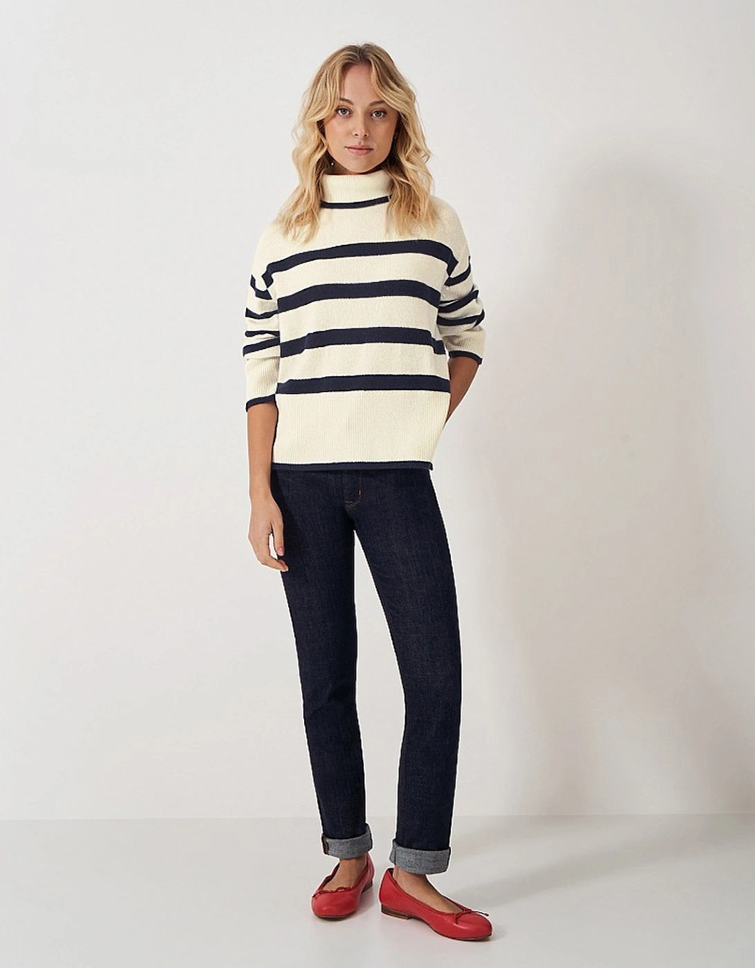 Women's Roll Neck Merino Wool Stripe Jumper Ivory and Navy