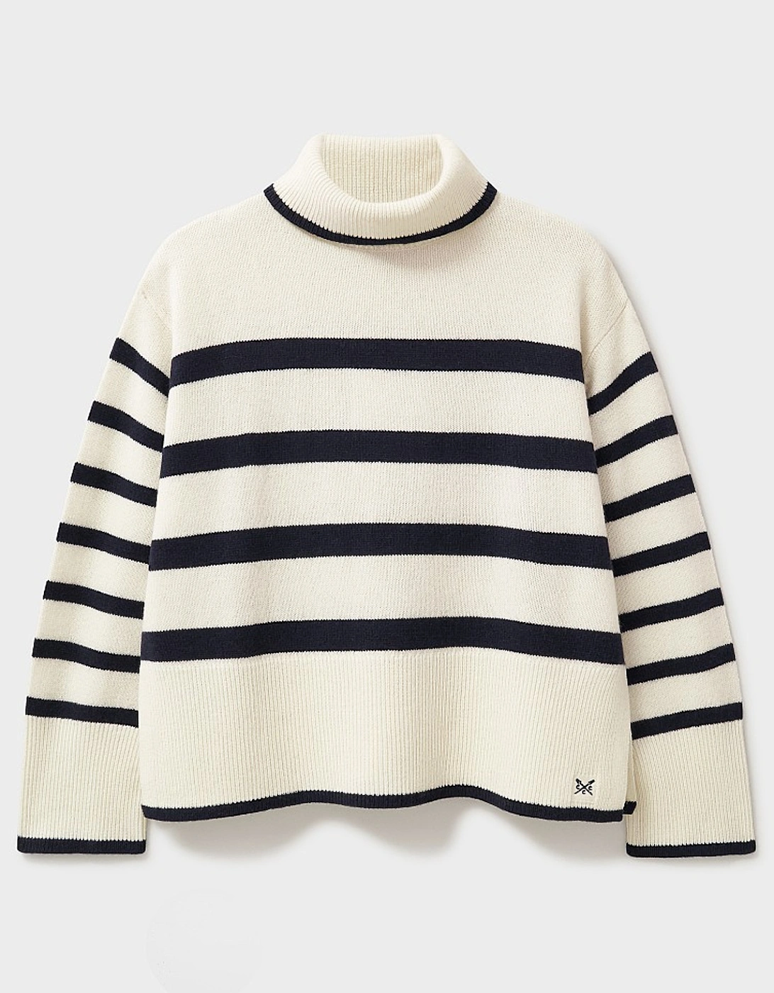 Women's Roll Neck Merino Wool Stripe Jumper Ivory and Navy