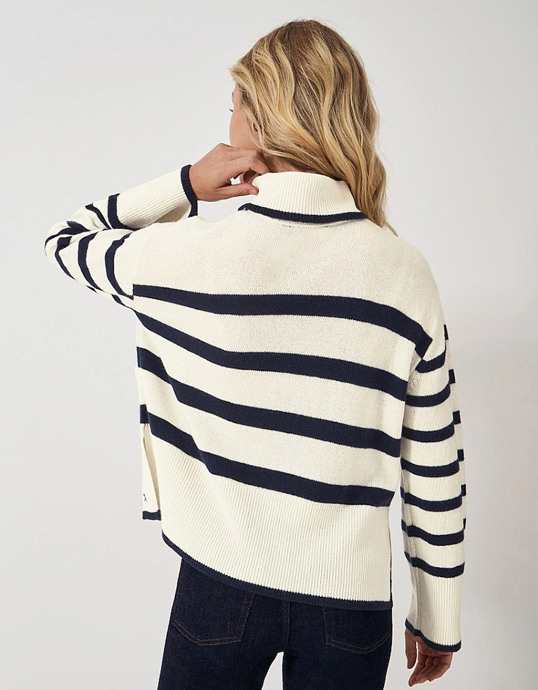 Women's Roll Neck Merino Wool Stripe Jumper Ivory and Navy