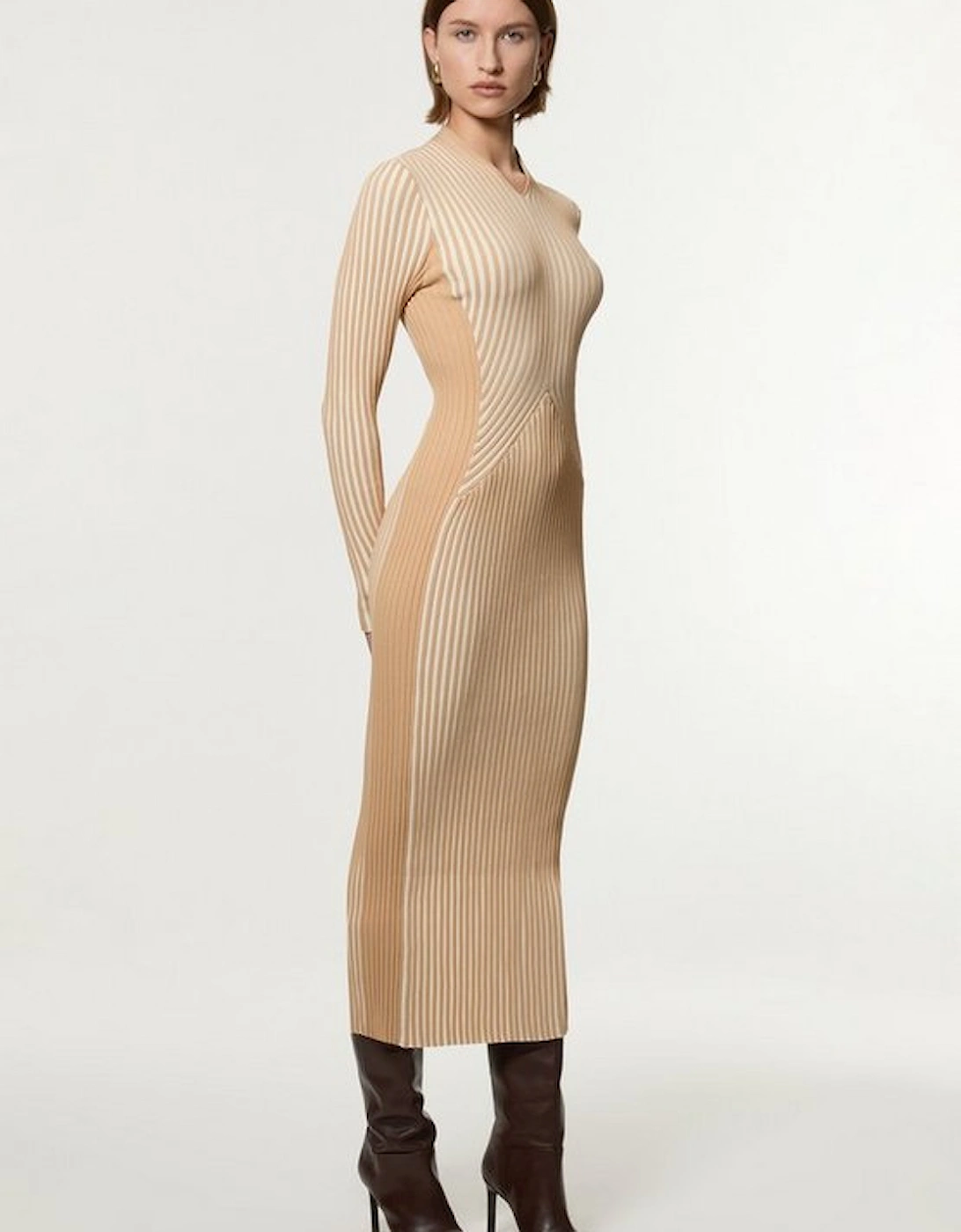 Stripe Fitted Long Sleeve Knitted Midi Dress, 5 of 4