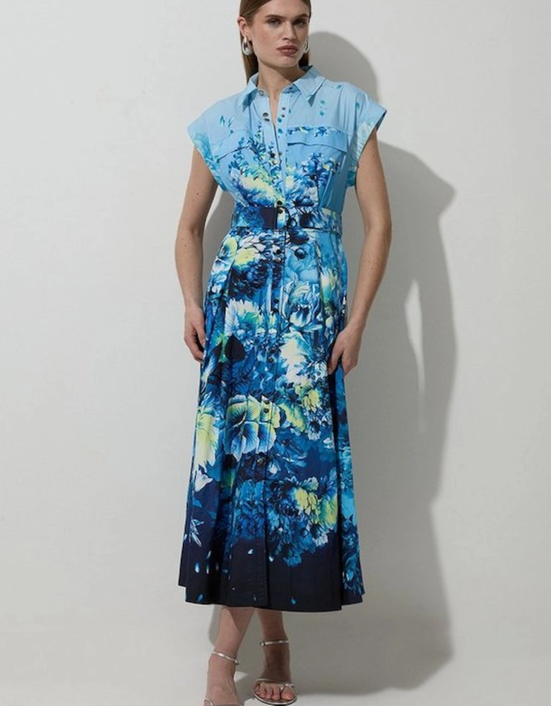 Placed Floral Cotton Sateen Sleeveless Woven Dress